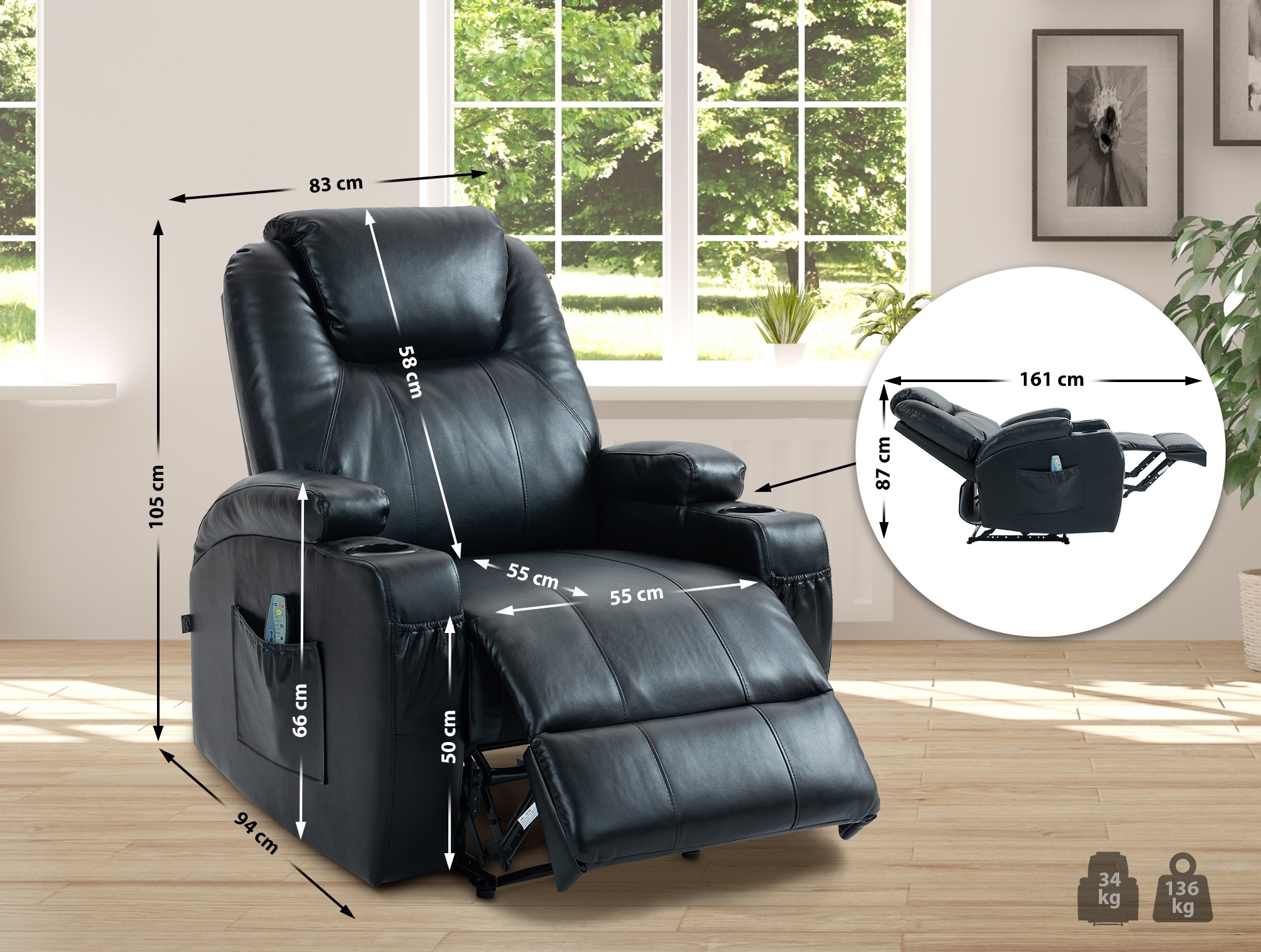 Relaxfauteuil Galena met massagefunctie zwart Kunstleer