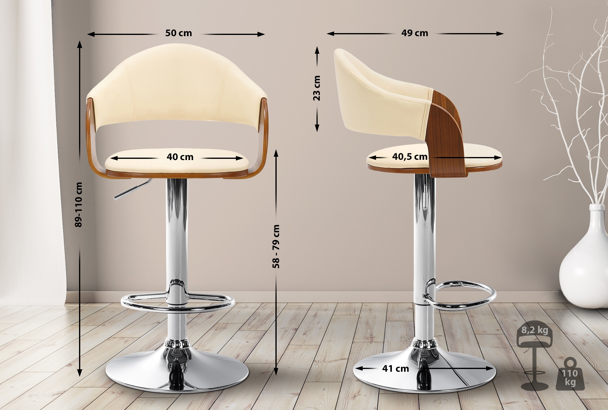 Set van 2 barkrukken Nilse kunstleer Metaal in chroomoptiek walnoot/creme