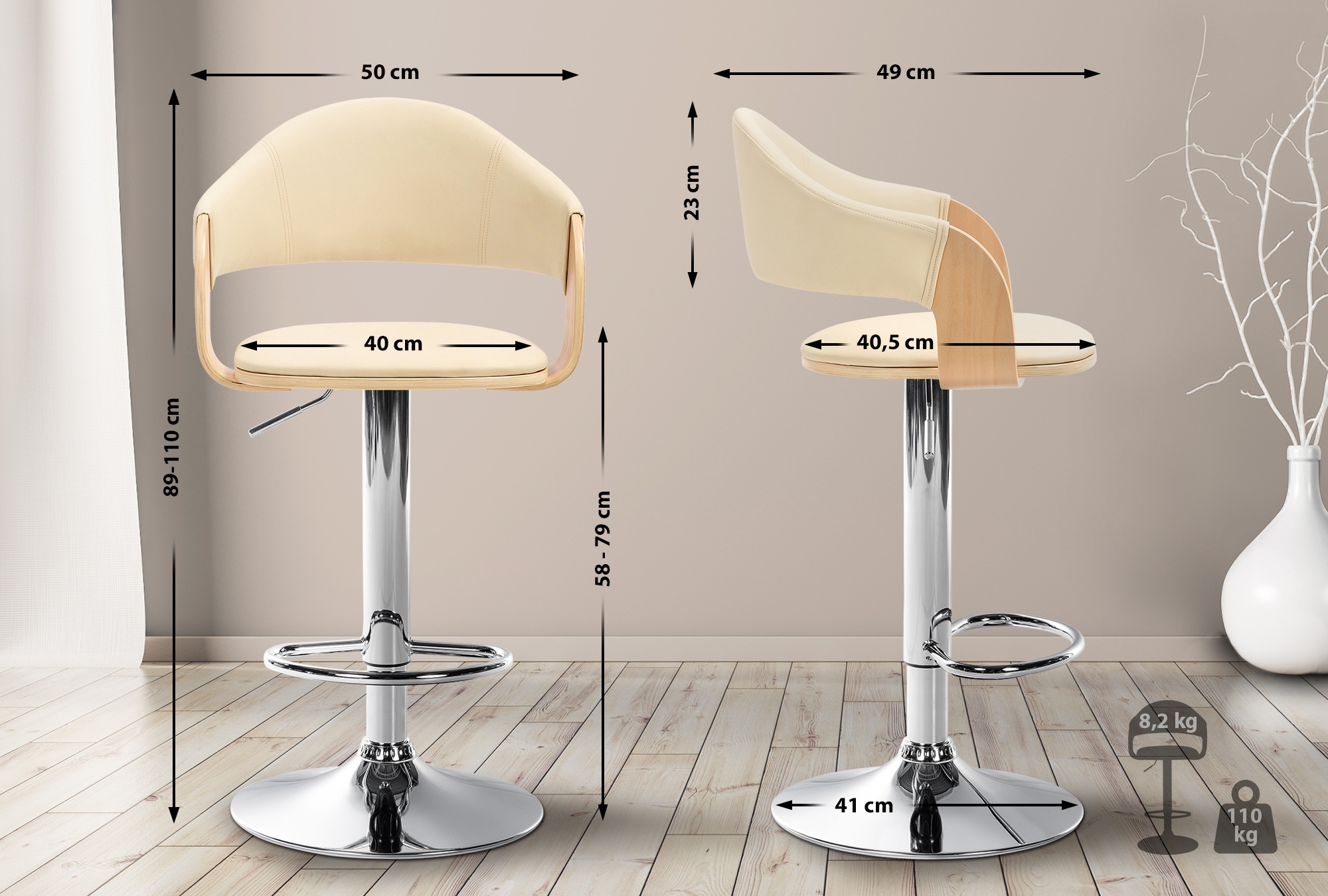 Set van 2 barkrukken Nilse kunstleer Metaal in chroomoptiek natura/creme