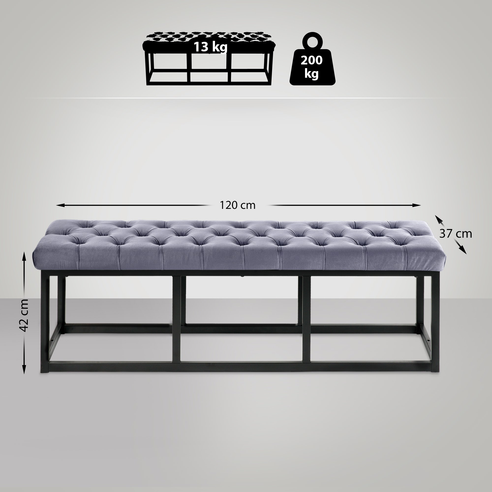 Bank Polson Fluweel Zwart grijs 120 cm