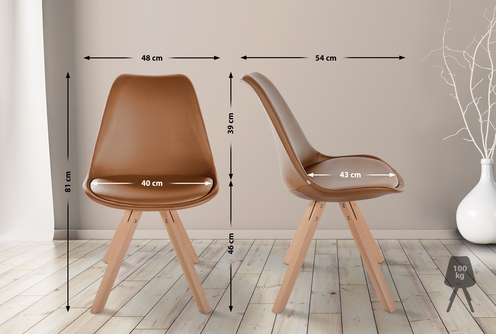 Set van 4 eetkamerstoelen Sofia kunstleer bruin natura (vierkant)