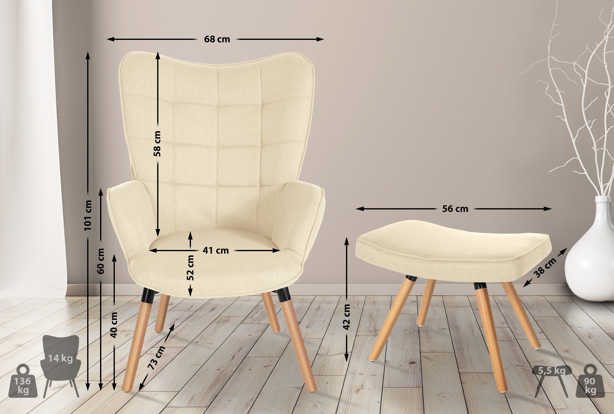 Fauteuil Garding met poef creme